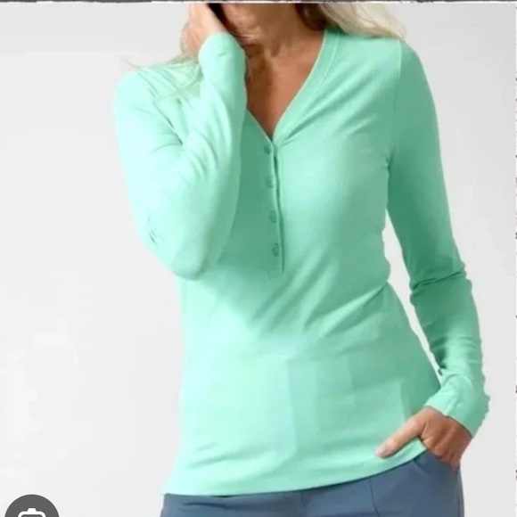 Athleta Tops - Athleta Uptempo Ribbed Henley Long Sleeve Top Aqua Green Color Size Small